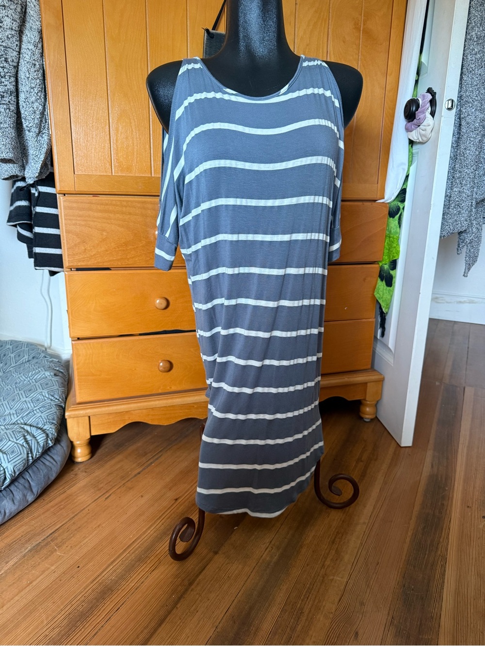 Striped Cold-Shoulder Midi Dress in Gray & White